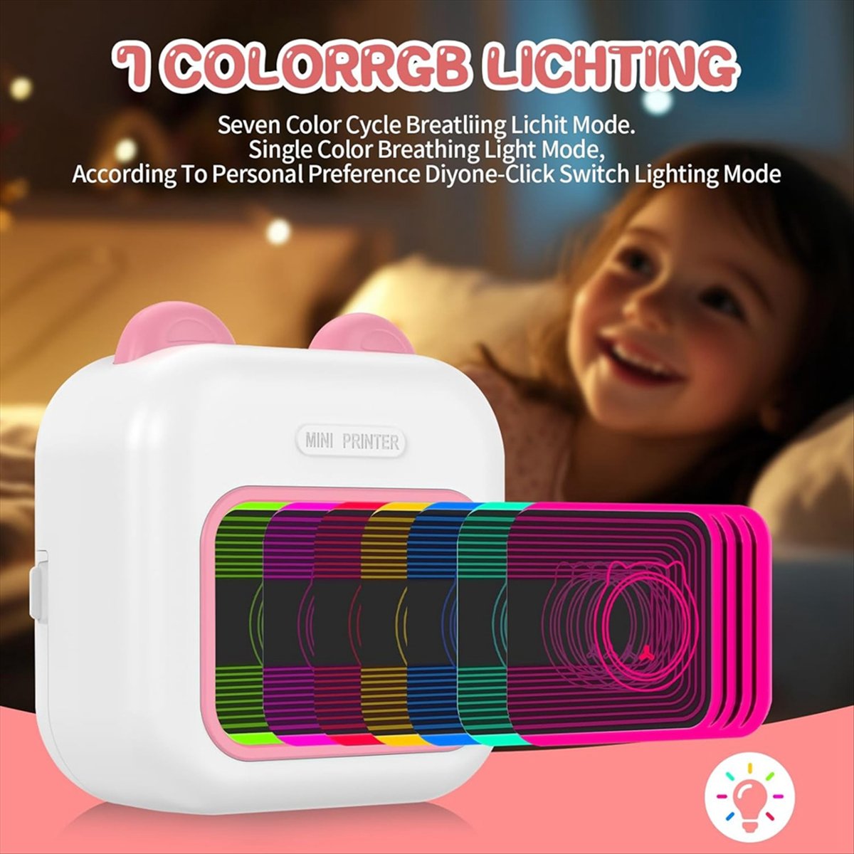 Mini Pocket Thermal Printer Paper Roll - Mini Sticker Printer RGB Light Bluetooth