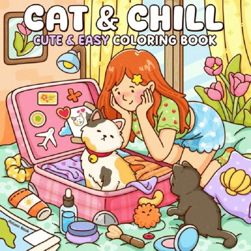 Adult Coloring Book Stress Relief - Cat & Girl Cute Easy Coloring