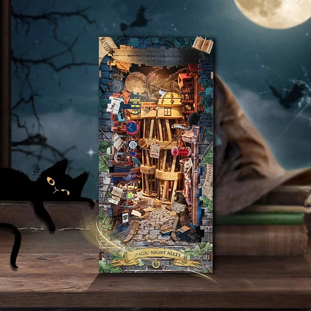 Diy Wooden Book Nook Kit Shelf Insert - Retro DIY Magic Night Alley Wooden