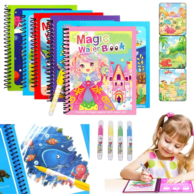 Reusable Water Magic Coloring Book - Cartoon Magic Water Drawing Book with