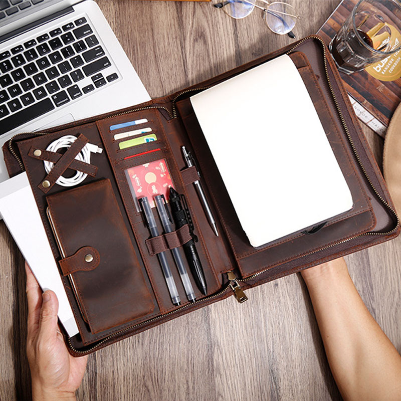 Vintage Leather Journal Notebook - Cow Leather Zipper Portfolio Organizer Multi-Compartment